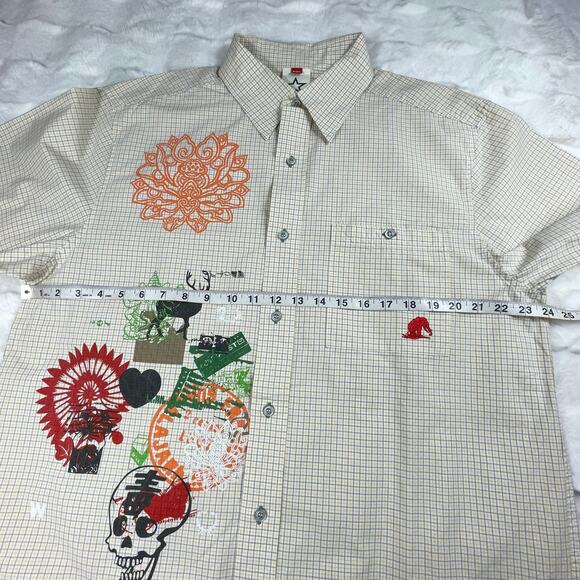 🔥Checked Yellow Gray Skull Artsy Painted Short Sleeve Button Up Shirt 2XL - Picture 11 of 15